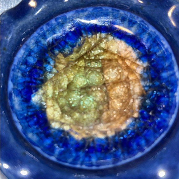 Artisan Pottery Crackle Glass "Geode" Blue Green Brown Stoneware Trinket Dish. - Picture 4 of 12